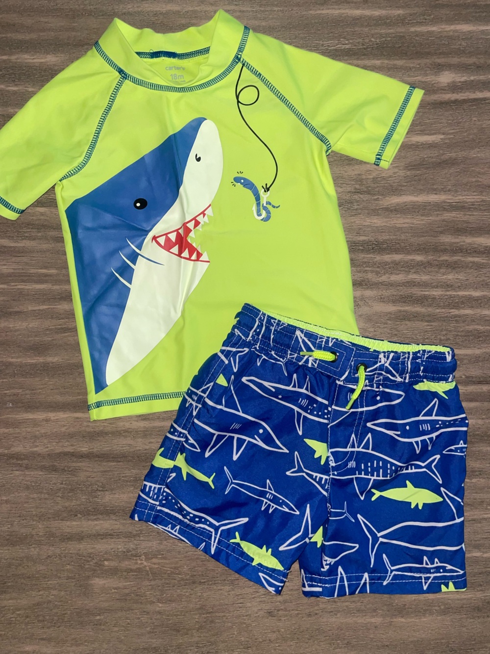 Carter's Neon Green & Blue Shark Kids Rashguard Swim Set